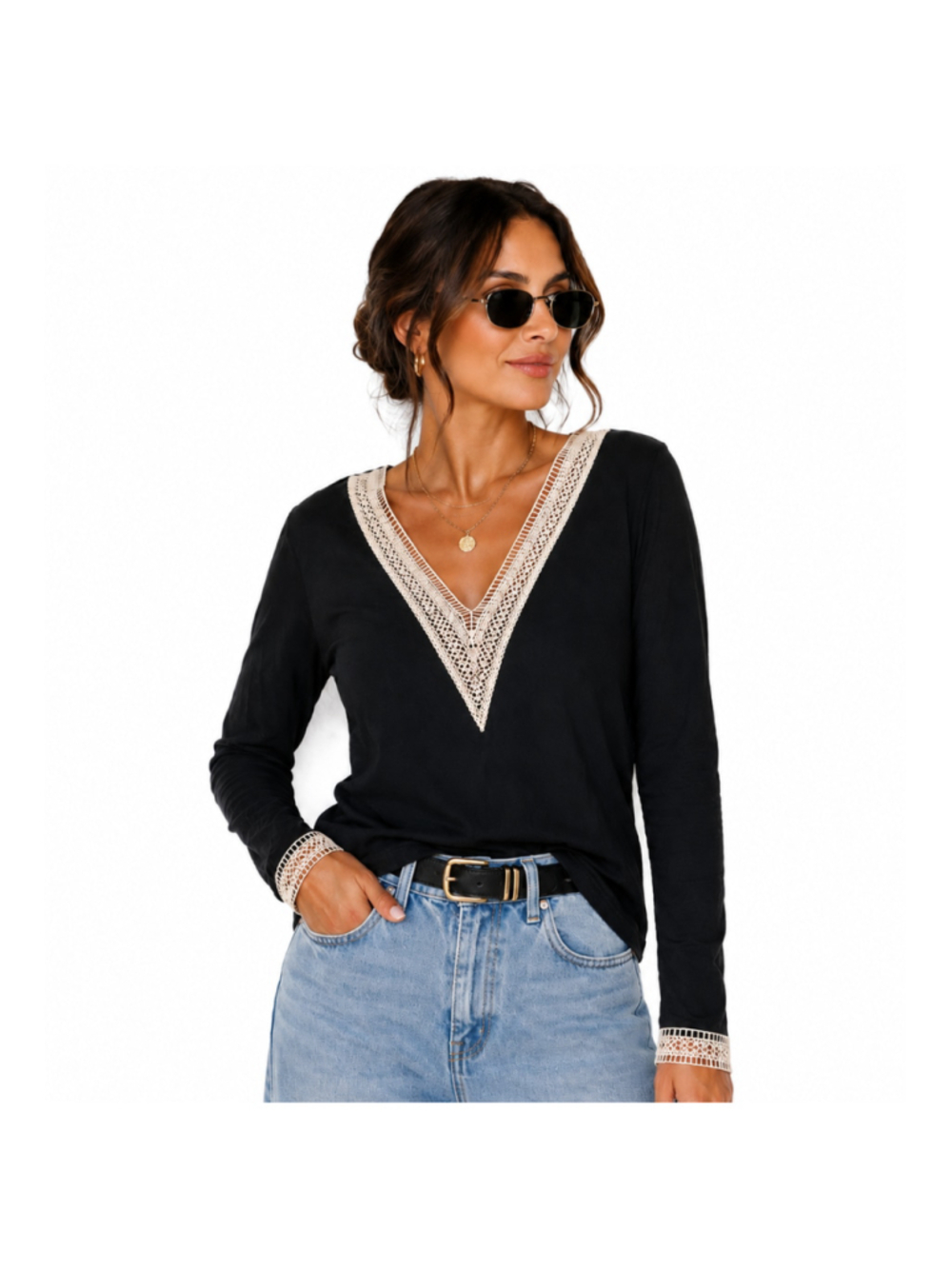 Women’s Long Sleeve Plunge V-Neck Shirt–Black with Tan Lace Accents–Size M-NWOT